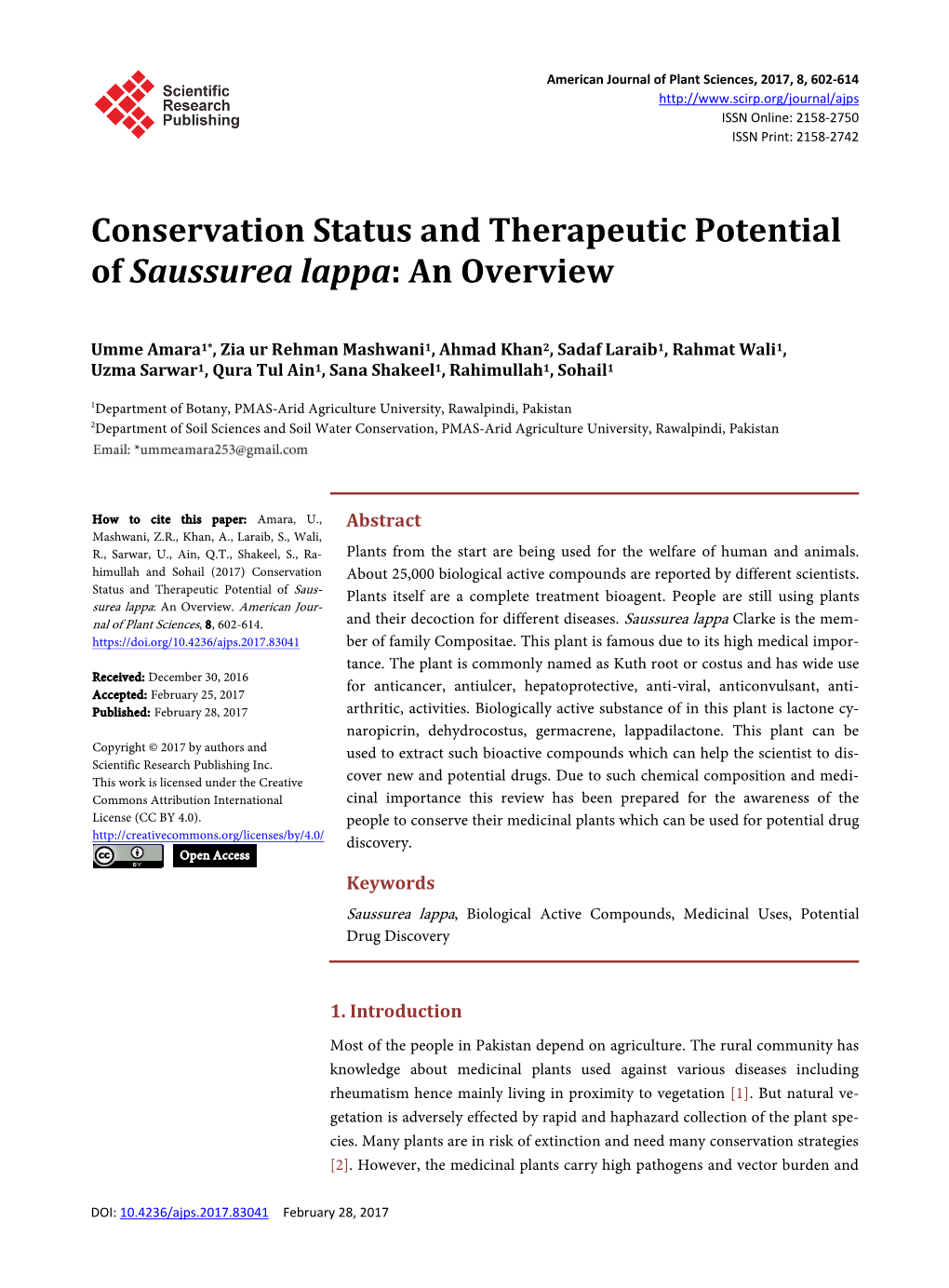 Conservation Status and Therapeutic Potential of Saussurea Lappa: an Overview