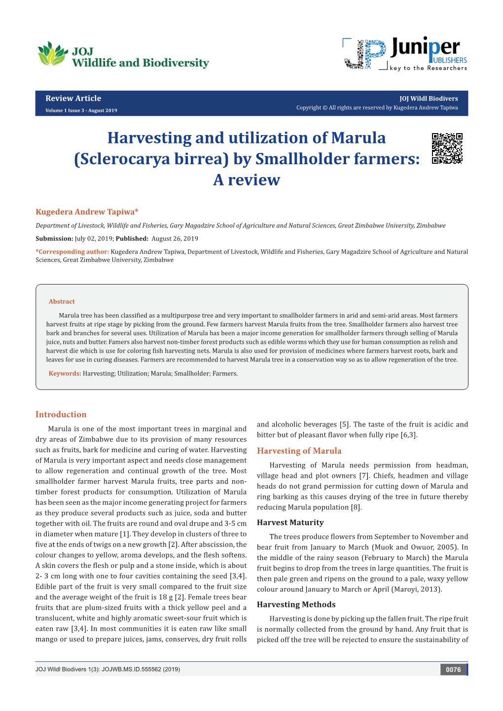 Sclerocarya Birrea) by Smallholder Farmers: a Review