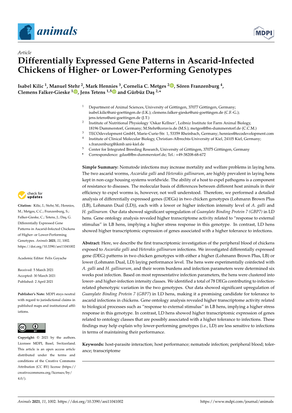 Differentially Expressed Gene Patterns in Ascarid-Infected Chickens of Higher- Or Lower-Performing Genotypes