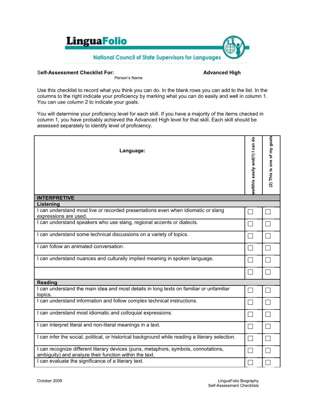 S Elf-Assessment Checklist For: Advanced High