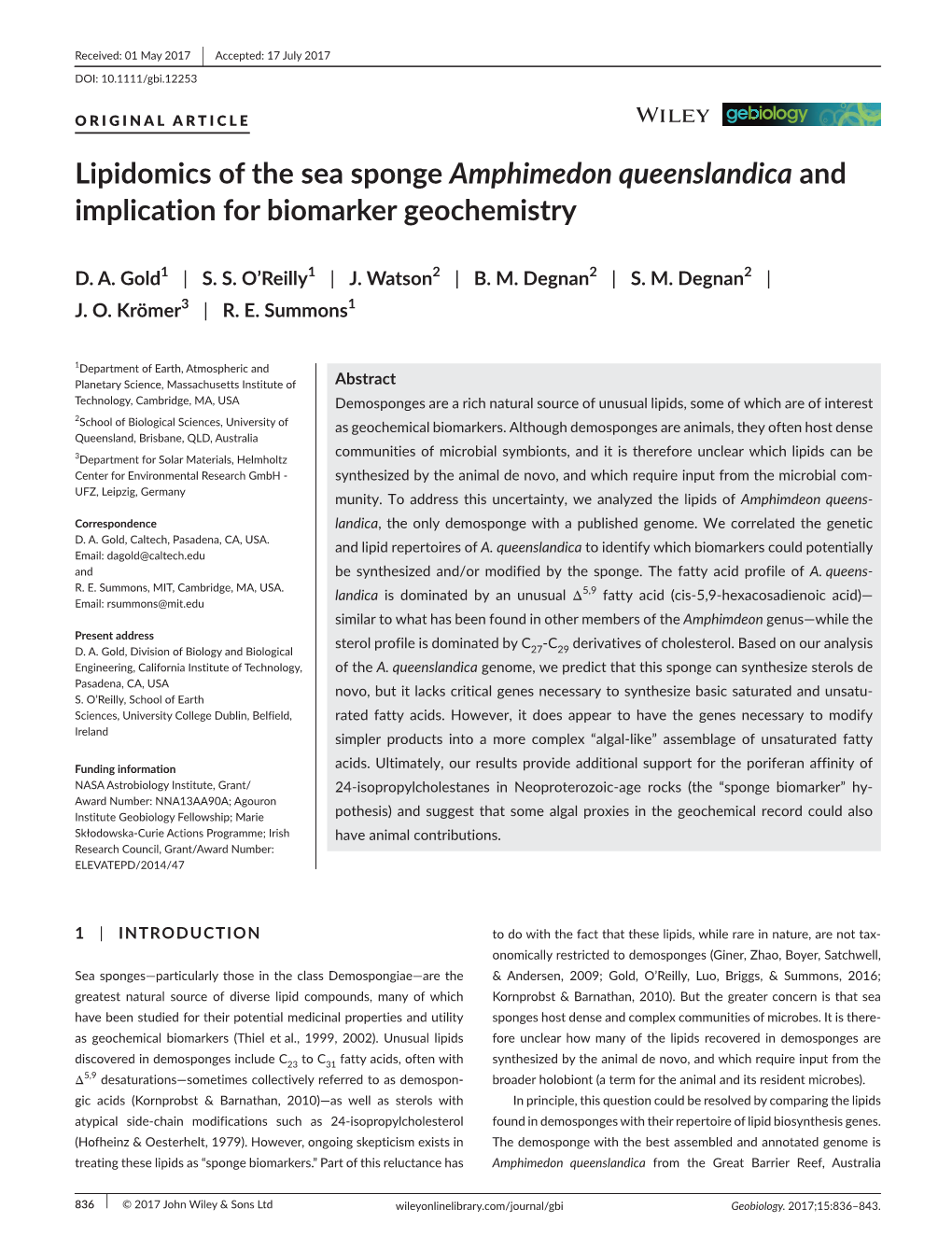 Lipidomics of the Sea Sponge Amphimedon Queenslandica and Implication for Biomarker Geochemistry