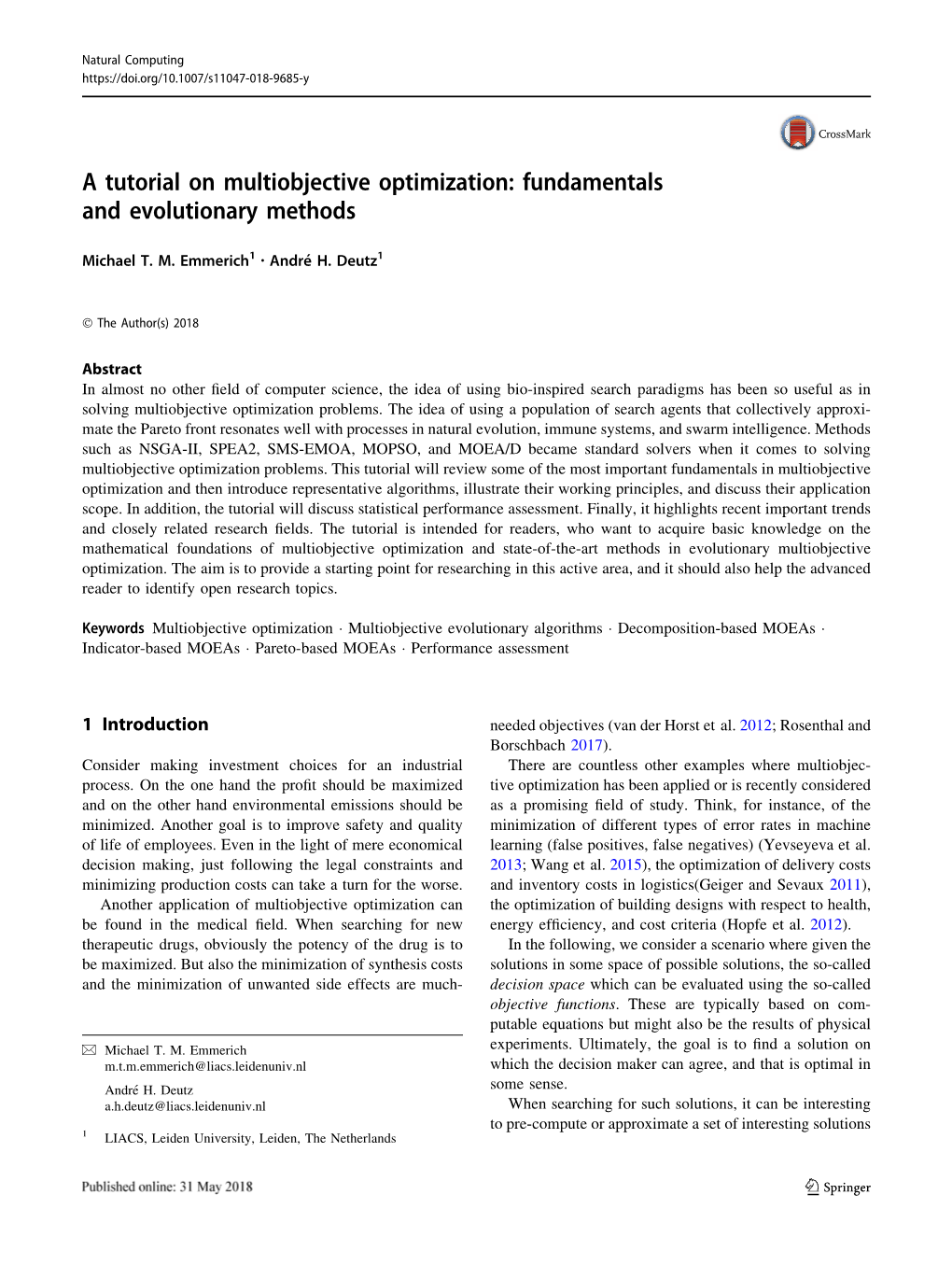 A Tutorial on Multiobjective Optimization: Fundamentals and Evolutionary Methods