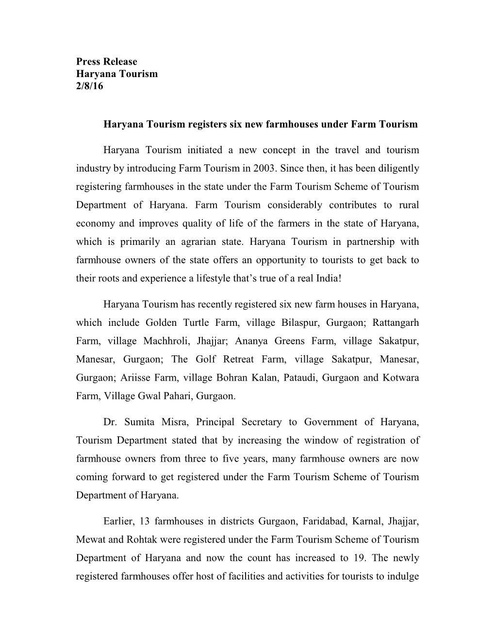 Press Release Haryana Tourism 2/8/16 Haryana Tourism Registers