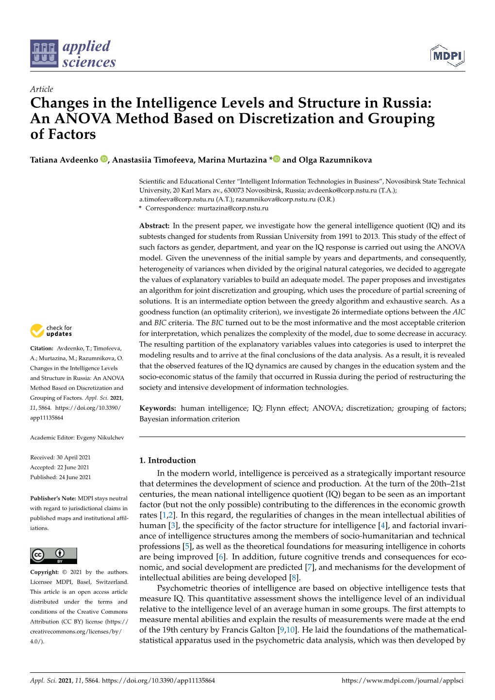 Changes in the Intelligence Levels and Structure in Russia: an ANOVA Method Based on Discretization and Grouping of Factors