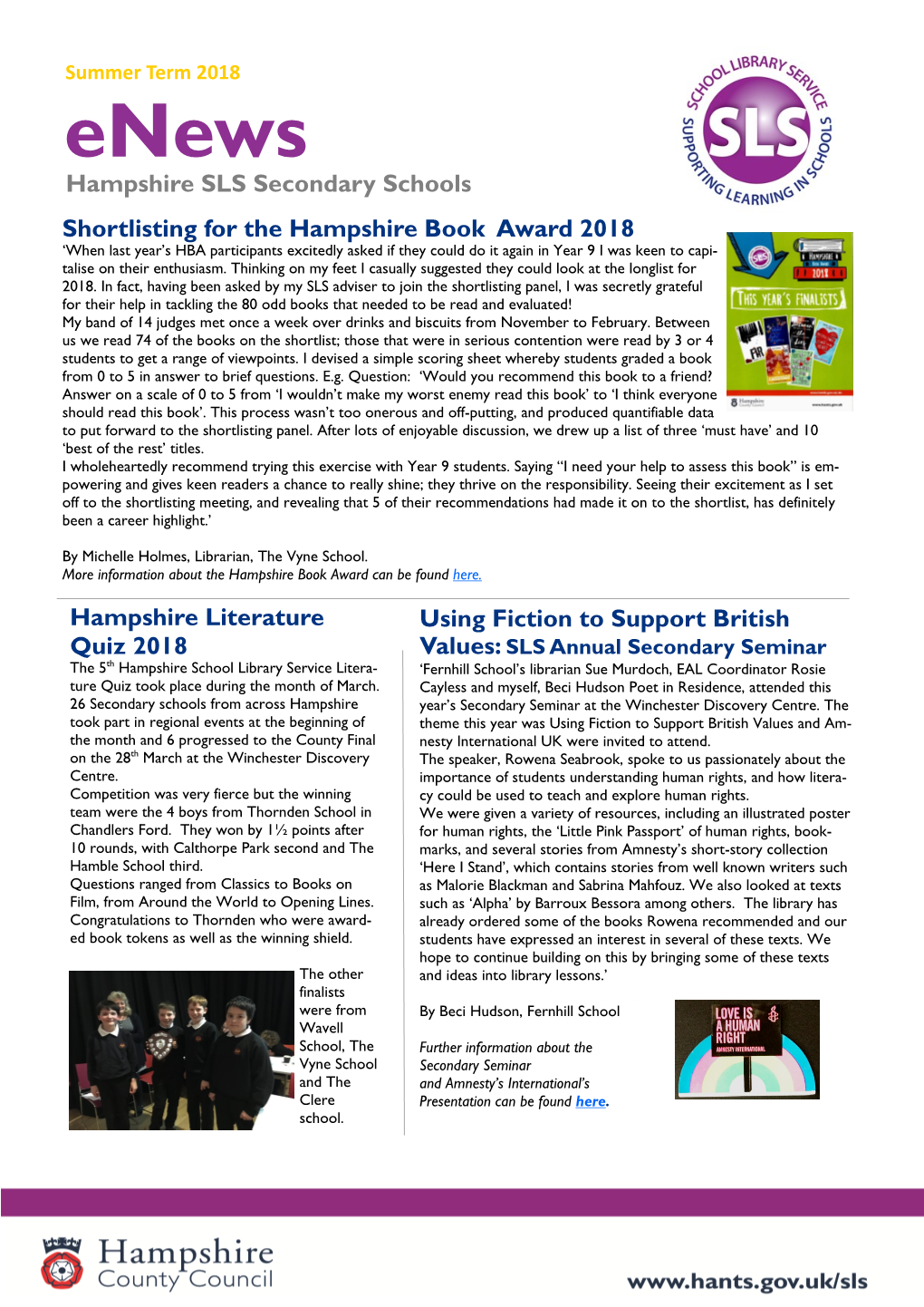 Hampshire SLS Secondary Schools Shortlisting for the Hampshire Book Award 2018 Hampshire Literature Quiz 2018 Using Fiction To