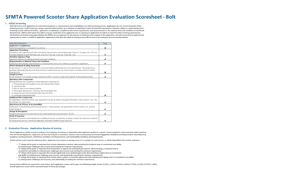 SFMTA Powered Scooter Share Application Evaluation Scoresheet - Bolt