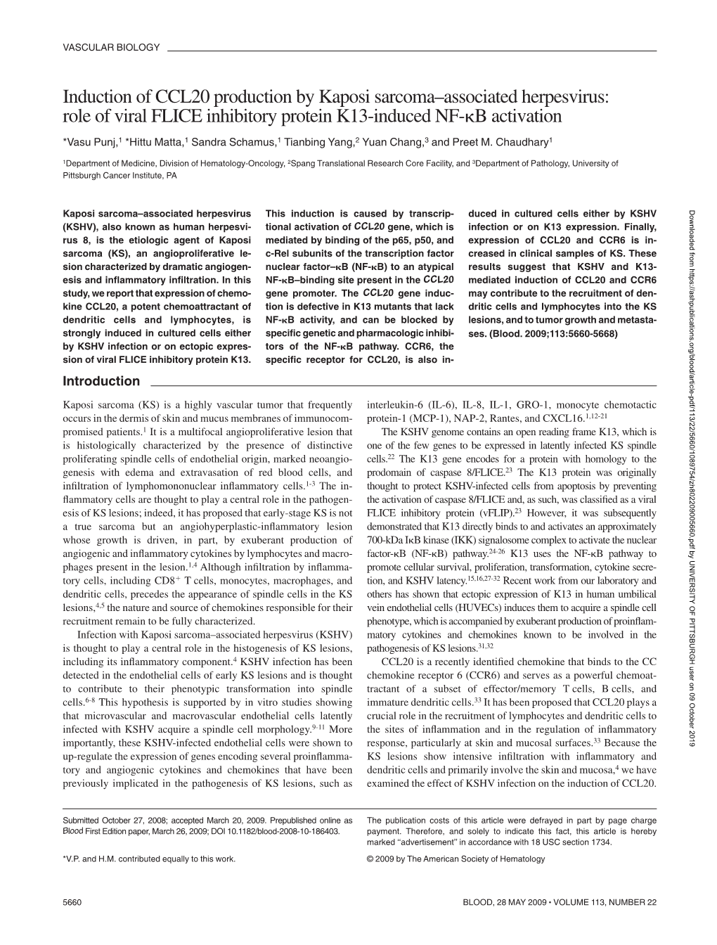 Induction of CCL20 Production by Kaposi Sarcoma–Associated Herpesvirus: Role of Viral FLICE Inhibitory Protein K13-Induced NF-␬B Activation