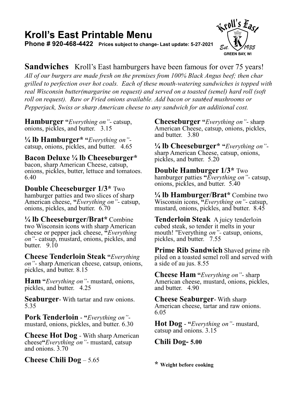 Kroll's East Printable Menu