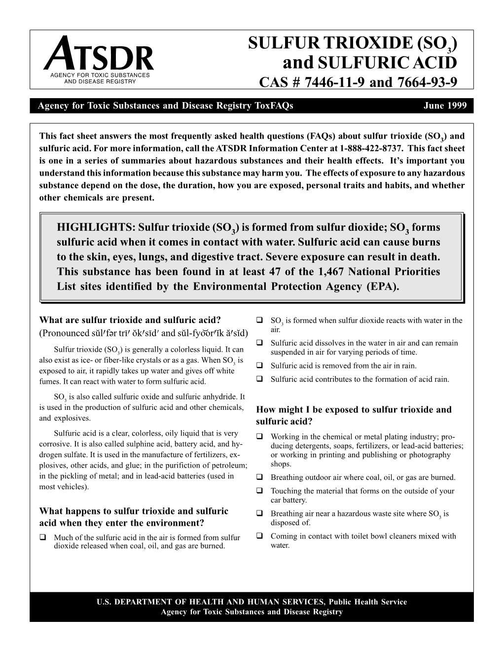 SULFUR TRIOXIDE (SO3) and SULFURIC ACID CAS # 7446-11-9 and 7664-93-9