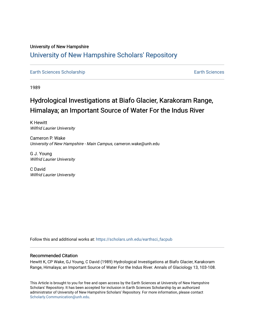 Hydrological Investigations at Biafo Glacier, Karakoram Range, Himalaya; an Important Source of Water for the Indus River