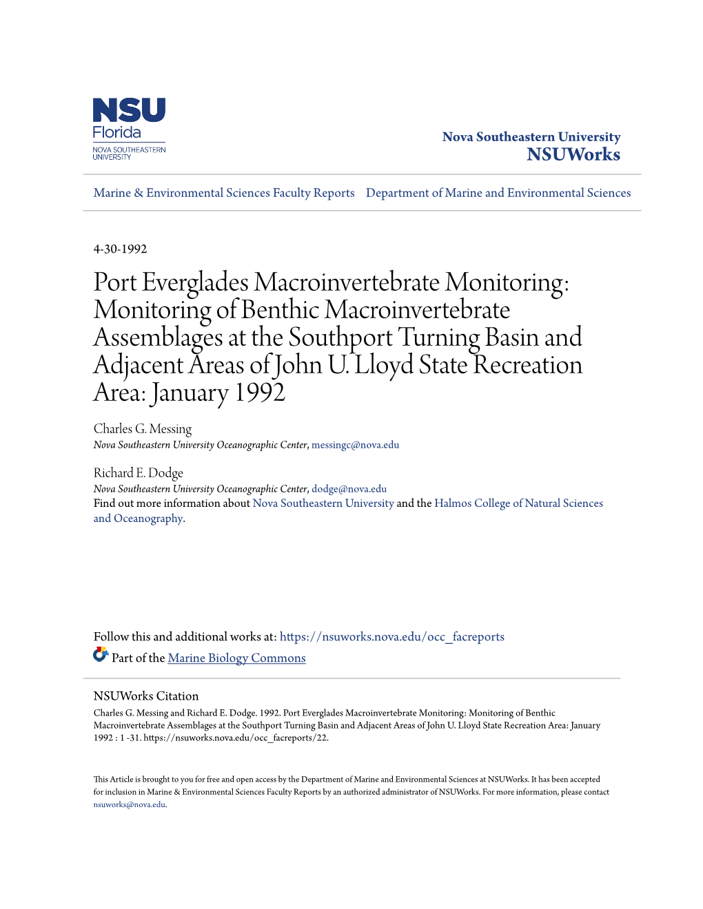 Port Everglades Macroinvertebrate Monitoring: Monitoring of Benthic Macroinvertebrate Assemblages at the Southport Turning Basin and Adjacent Areas of John U