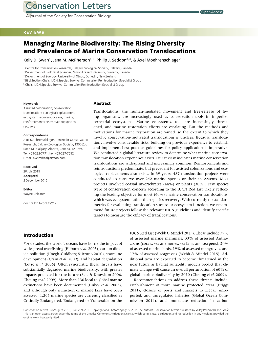 Managing Marine Biodiversity: the Rising Diversity and Prevalence of Marine Conservation Translocations Kelly D