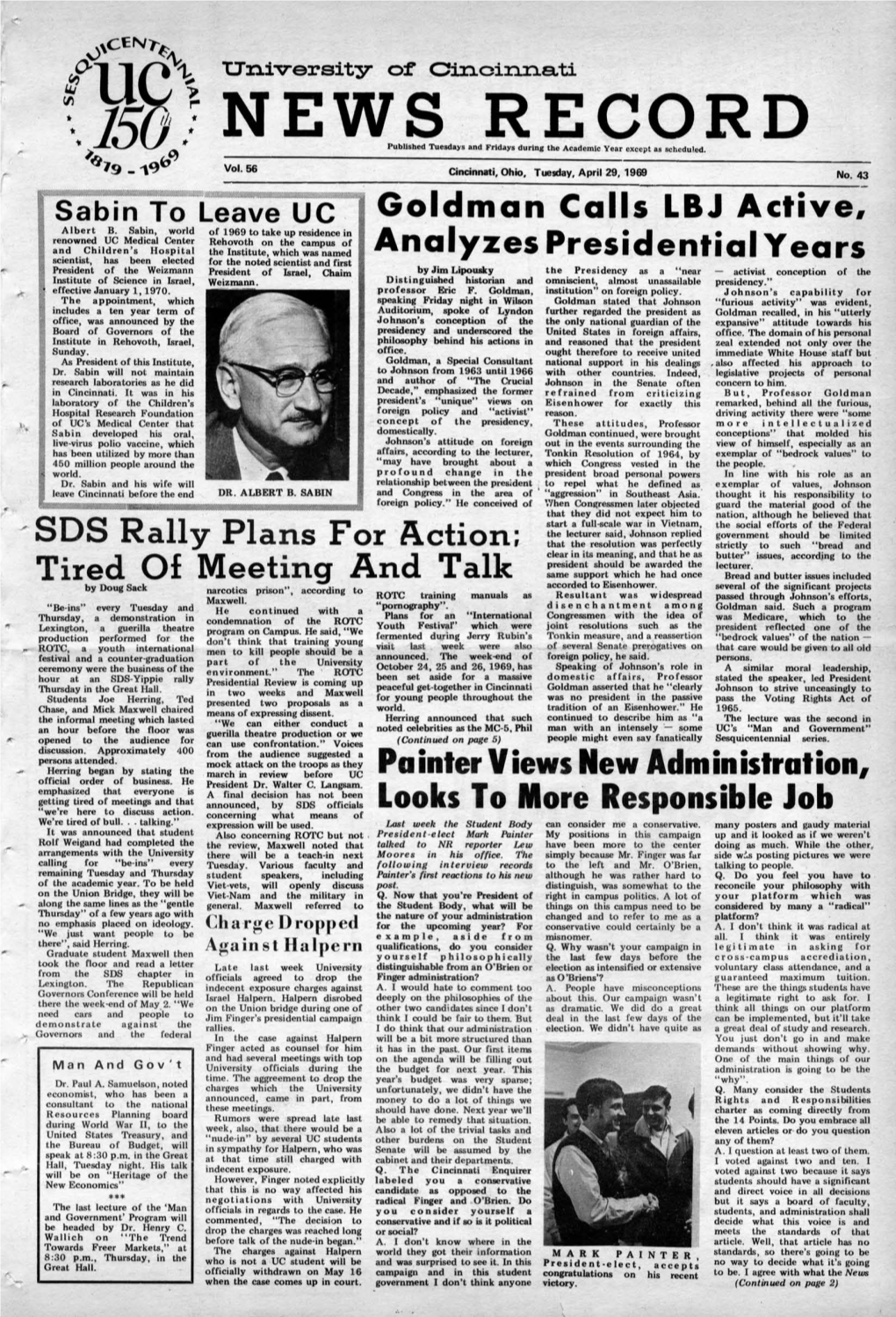 University of Cincinnati News Record. Tuesday, April 29, 1969. Vol. LVI
