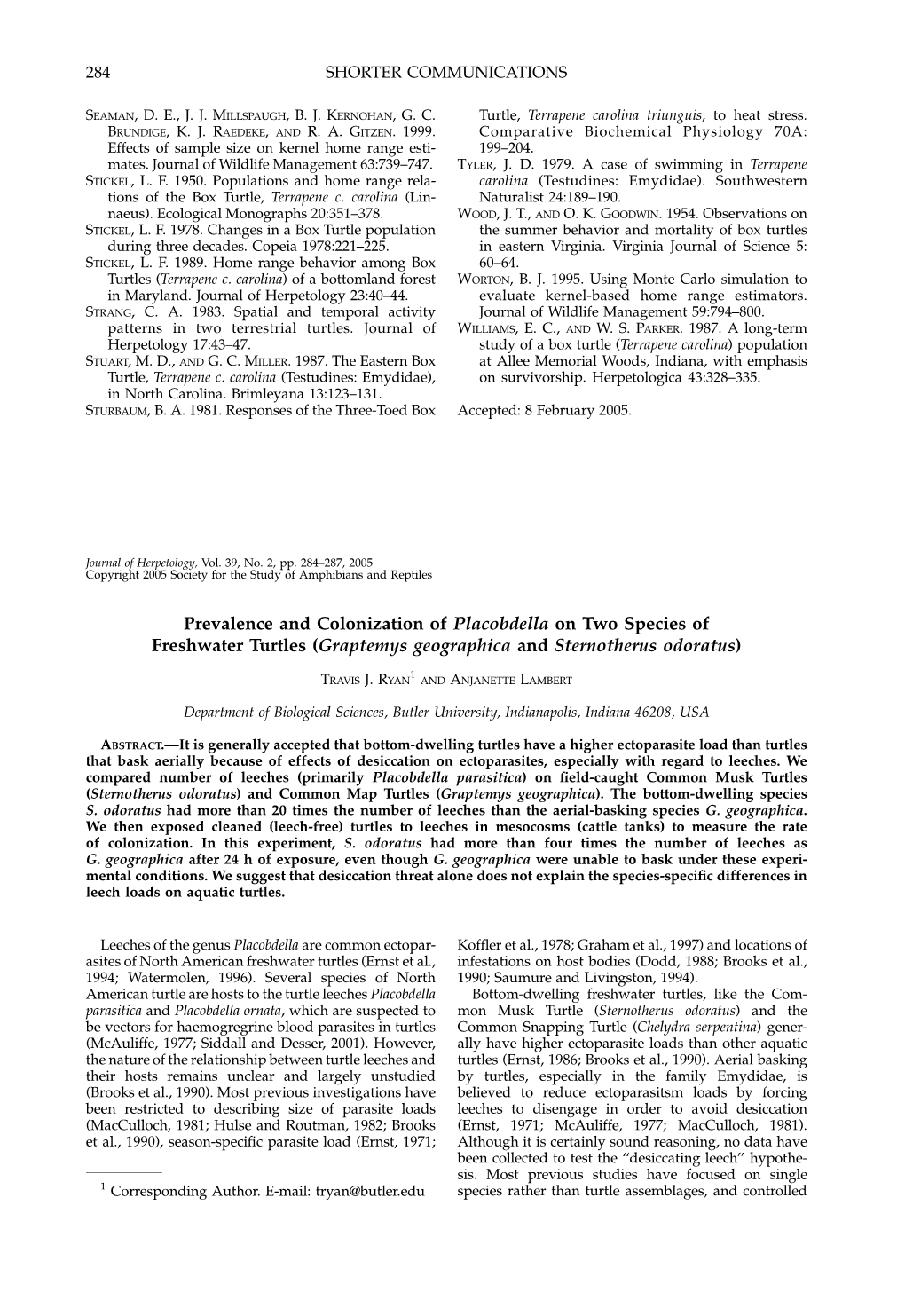 Prevalence and Colonization of Placobdella on Two Species of Freshwater Turtles (Graptemys Geographica and Sternotherus Odoratus)