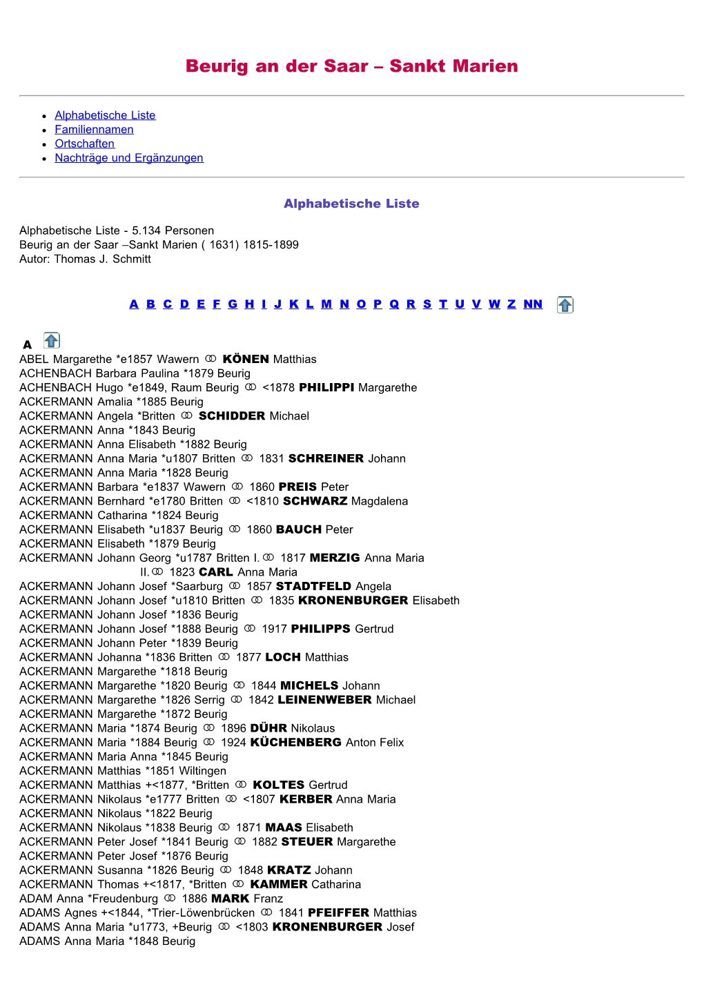 Familienbuch Beurig an Der Saar (Alphabetische Liste)