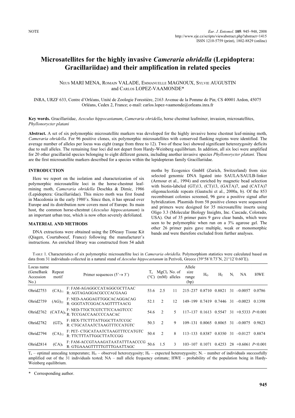 Microsatellites for the Highly Invasive Cameraria Ohridella (Lepidoptera: Gracillariidae) and Their Amplification in Related Species