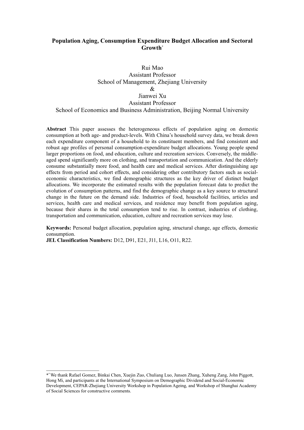 Population Aging, Consumption Expenditure Budget Allocation and Sectoral Growth *