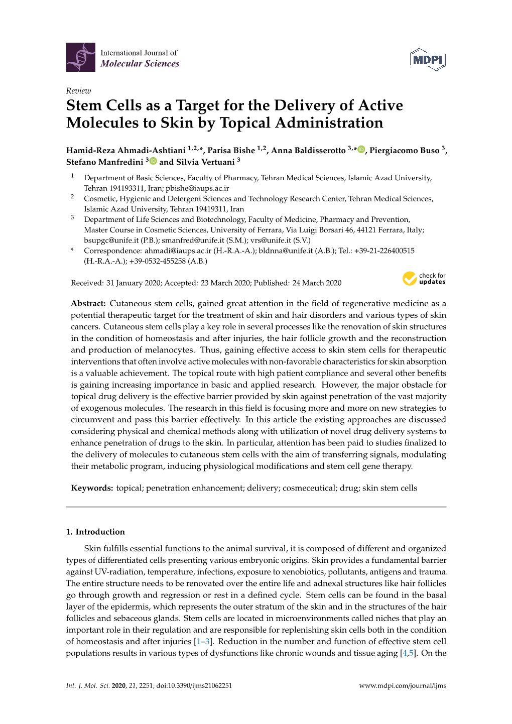 Stem Cells As a Target for the Delivery of Active Molecules to Skin by Topical Administration