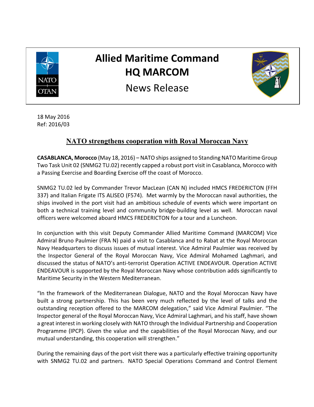 Allied Maritime Command HQ MARCOM News Release