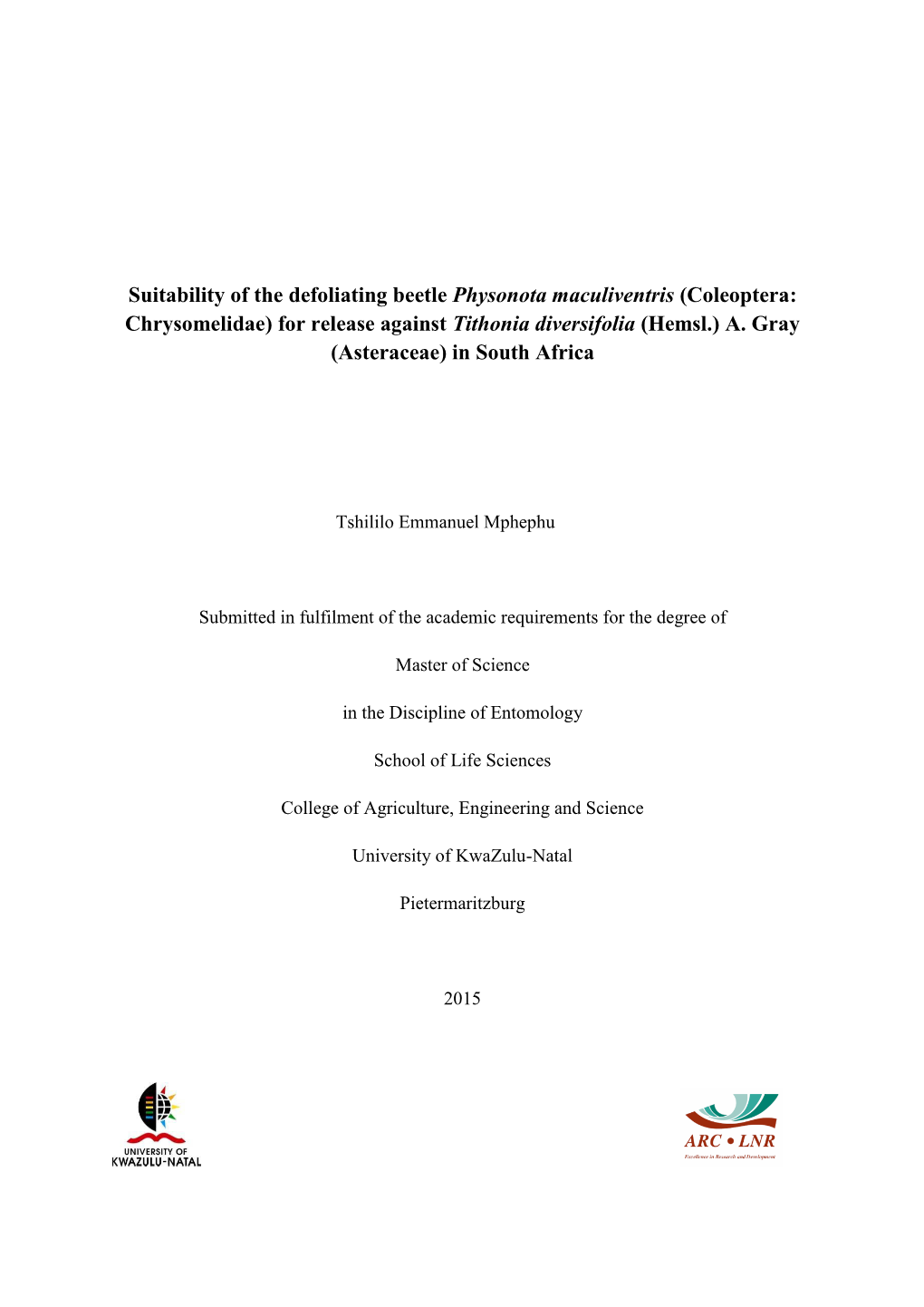 For Release Against Tithonia Diversifolia (Hemsl.) A