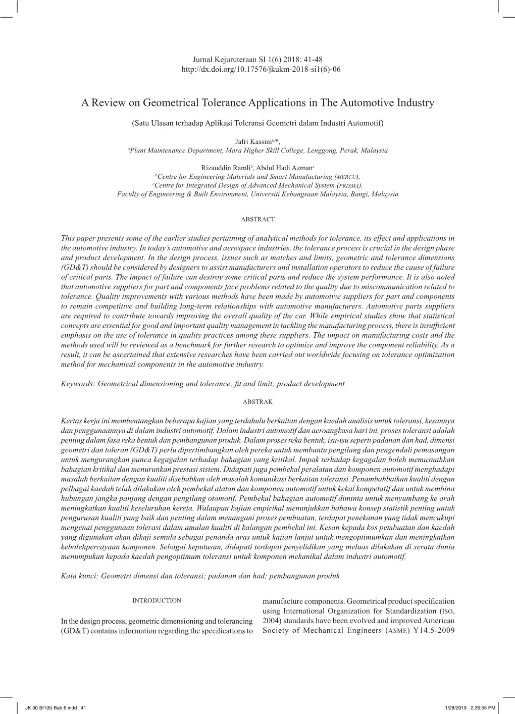 A Review on Geometrical Tolerance Applications in the Automotive Industry