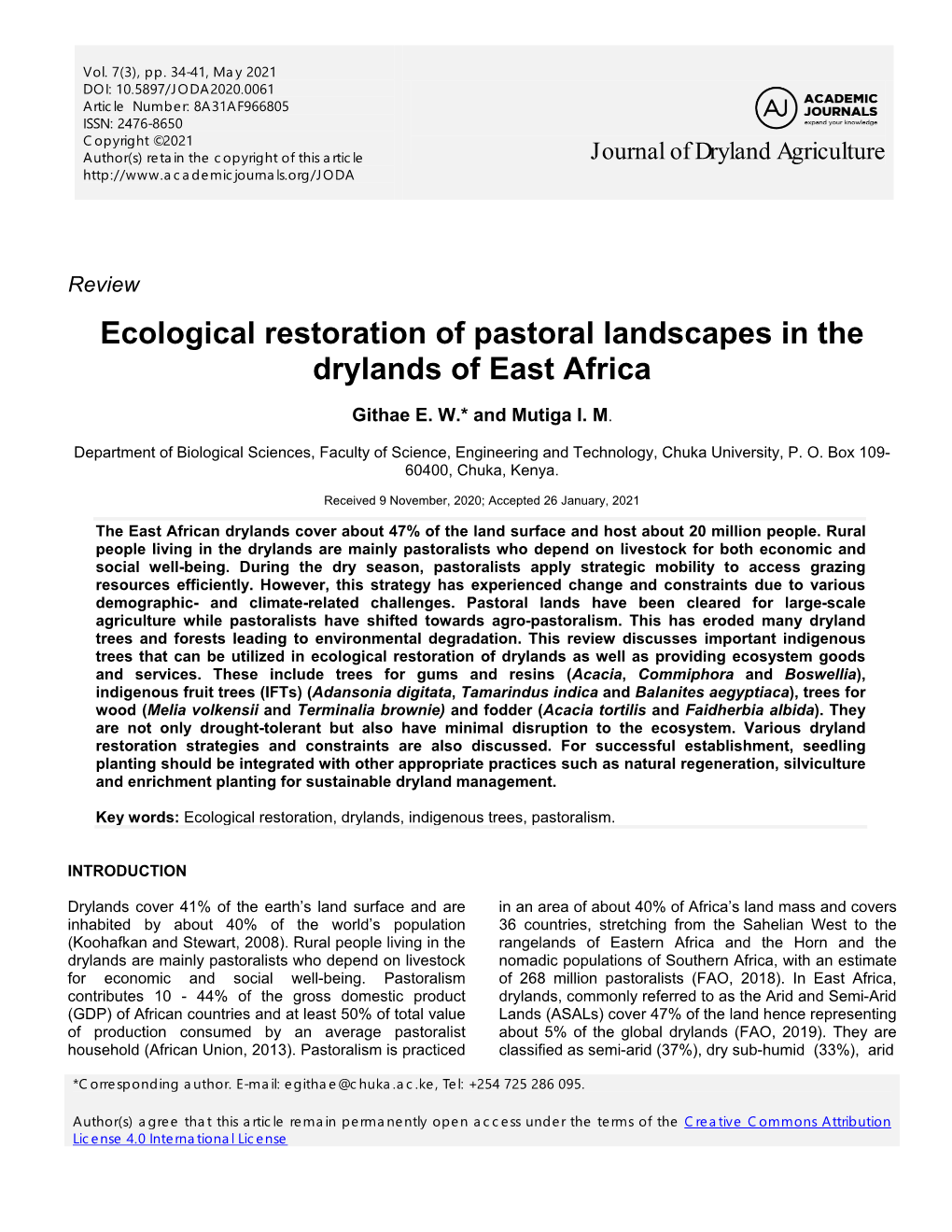 Ecological Restoration of Pastoral Landscapes in the Drylands of East Africa