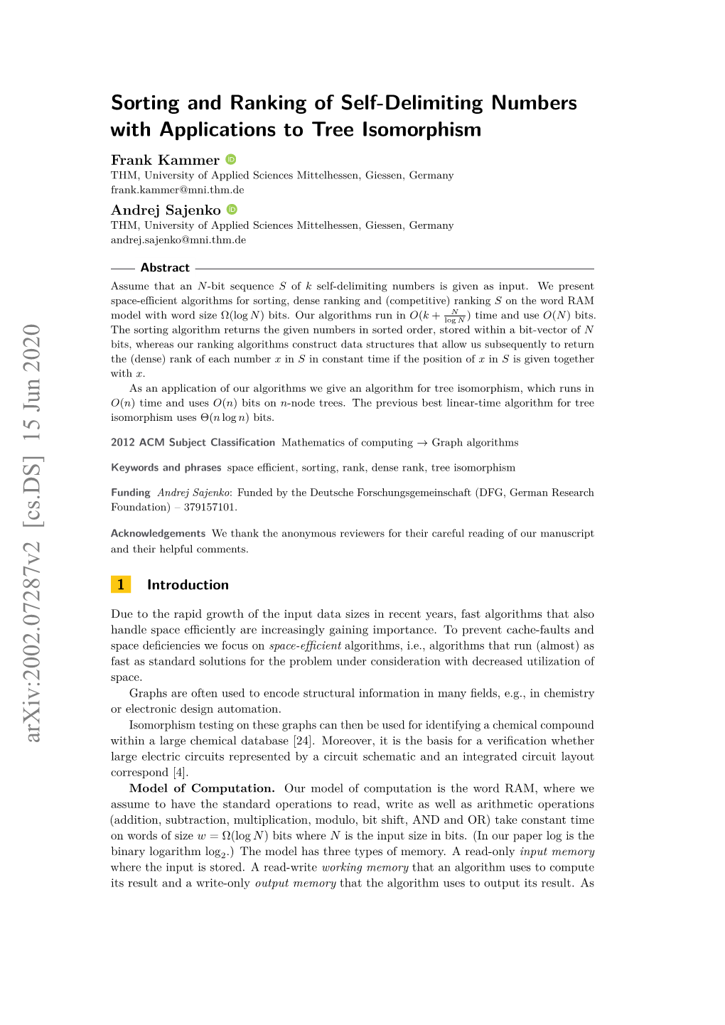 Sorting and Ranking of Self-Delimiting Numbers