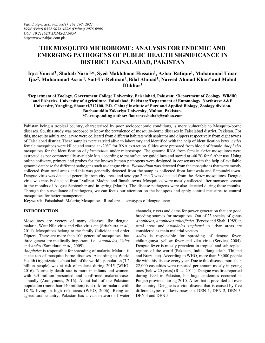 The Mosquito Microbiome: Analysis for Endemic and Emerging Pathogens of Public Health Significance in District Faisalabad, Pakistan