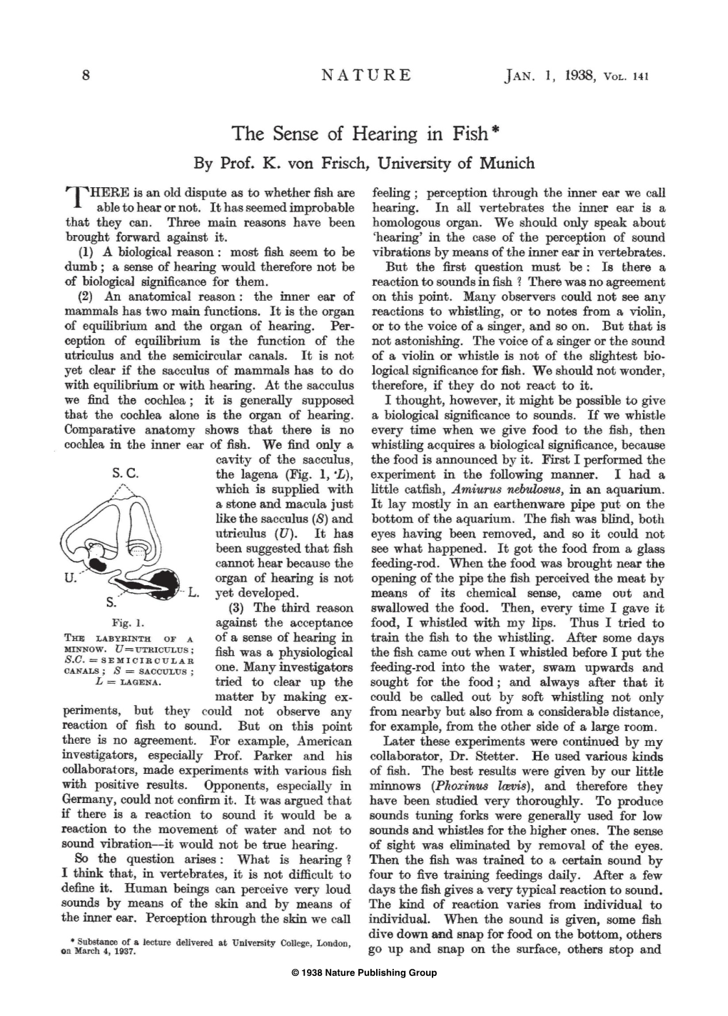 The Sense of Hearing in Fish* by Prof