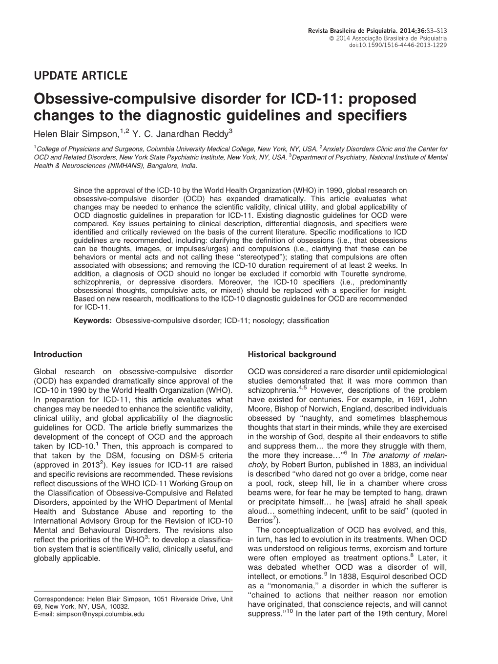 Obsessive-Compulsive Disorder for ICD-11: Proposed Changes to the Diagnostic Guidelines and Specifiers Helen Blair Simpson,1,2 Y