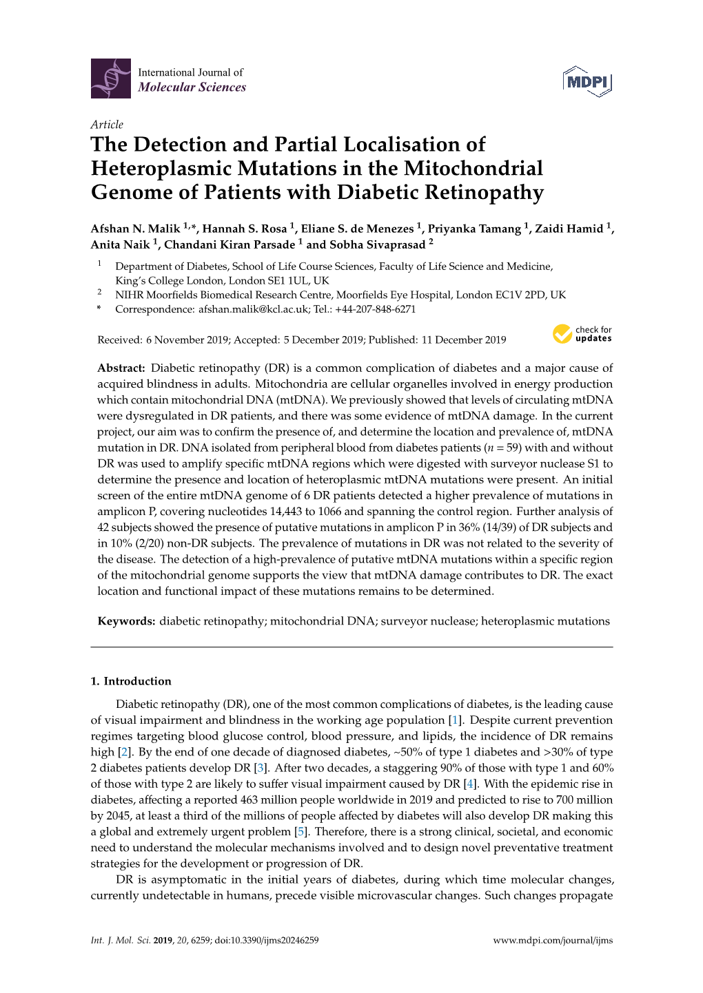 The Detection and Partial Localisation of Heteroplasmic Mutations in the Mitochondrial Genome of Patients with Diabetic Retinopathy