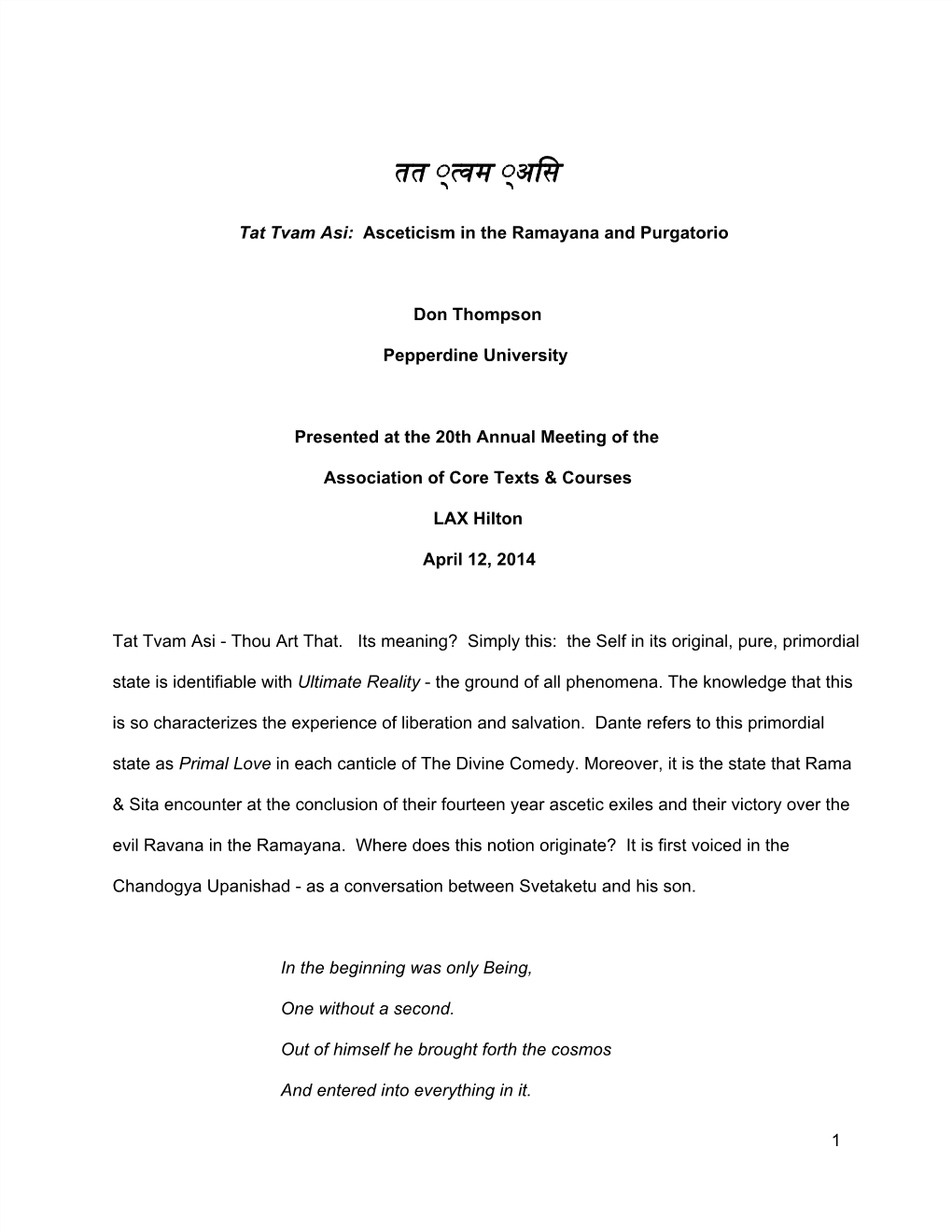 Tat Tvam Asi: Asceticism in the Ramayana and Purgatorio