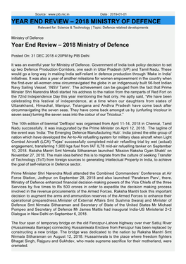 YEAR END REVIEW – 2018 MINISTRY of DEFENCE Relevant For: Science & Technology | Topic: Defence Relatred Developments