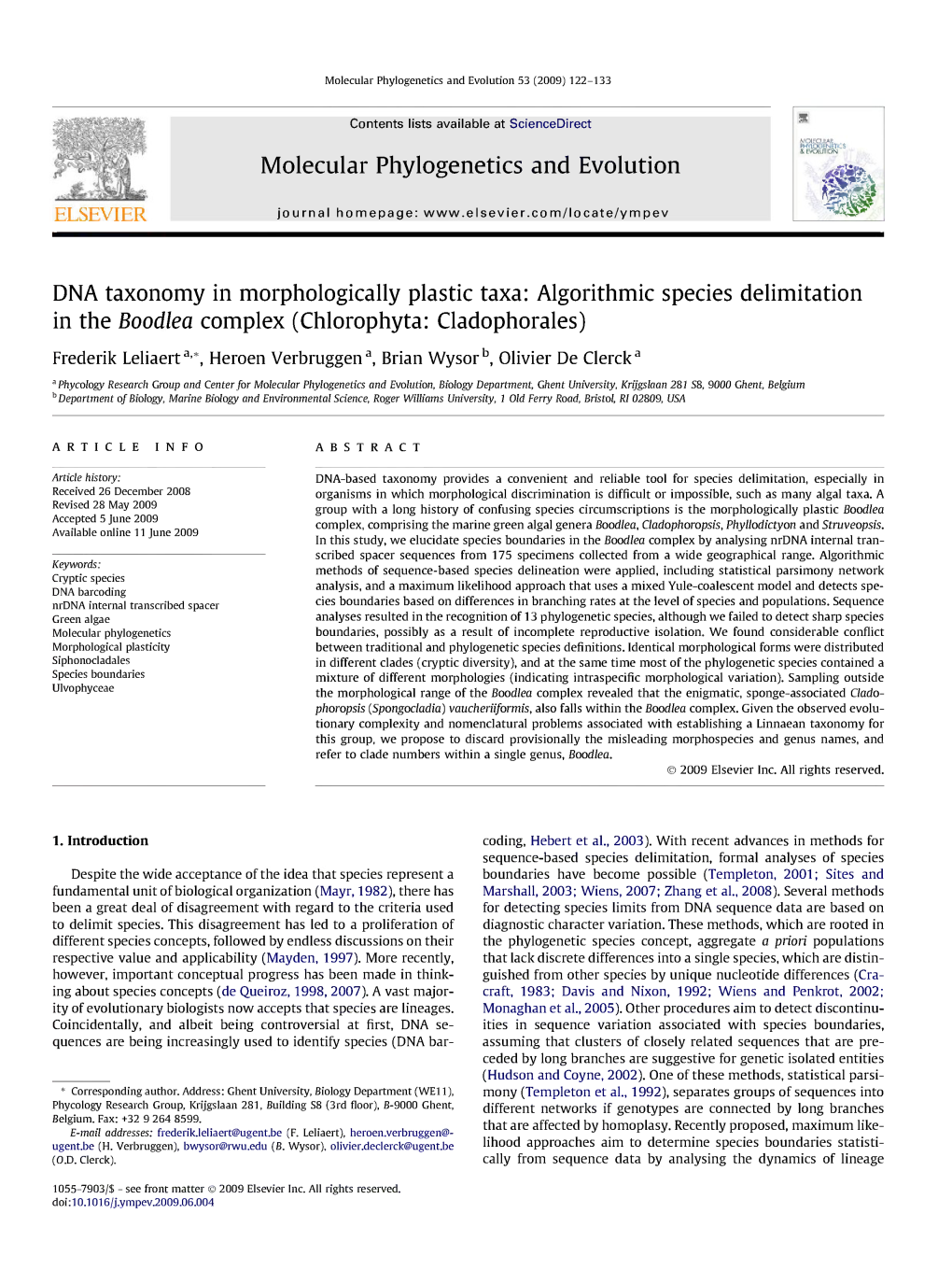 Molecular Phylogenetics and Evolution DNA Taxonomy in Morphologically Plastic Taxa: Algorithmic Species Delimitation in the Bood