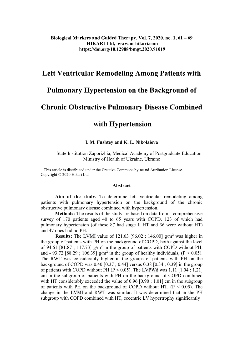 Left Ventricular Remodeling Among Patients with Pulmonary Hypertension on the Background of the Chronic Obstructive Pulmonary Disease Combined with Hypertension