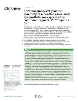 Chromosome-Level Genome Assembly of a Benthic Associated Syngnathiformes Species: the Common Dragonet, Callionymus Lyra