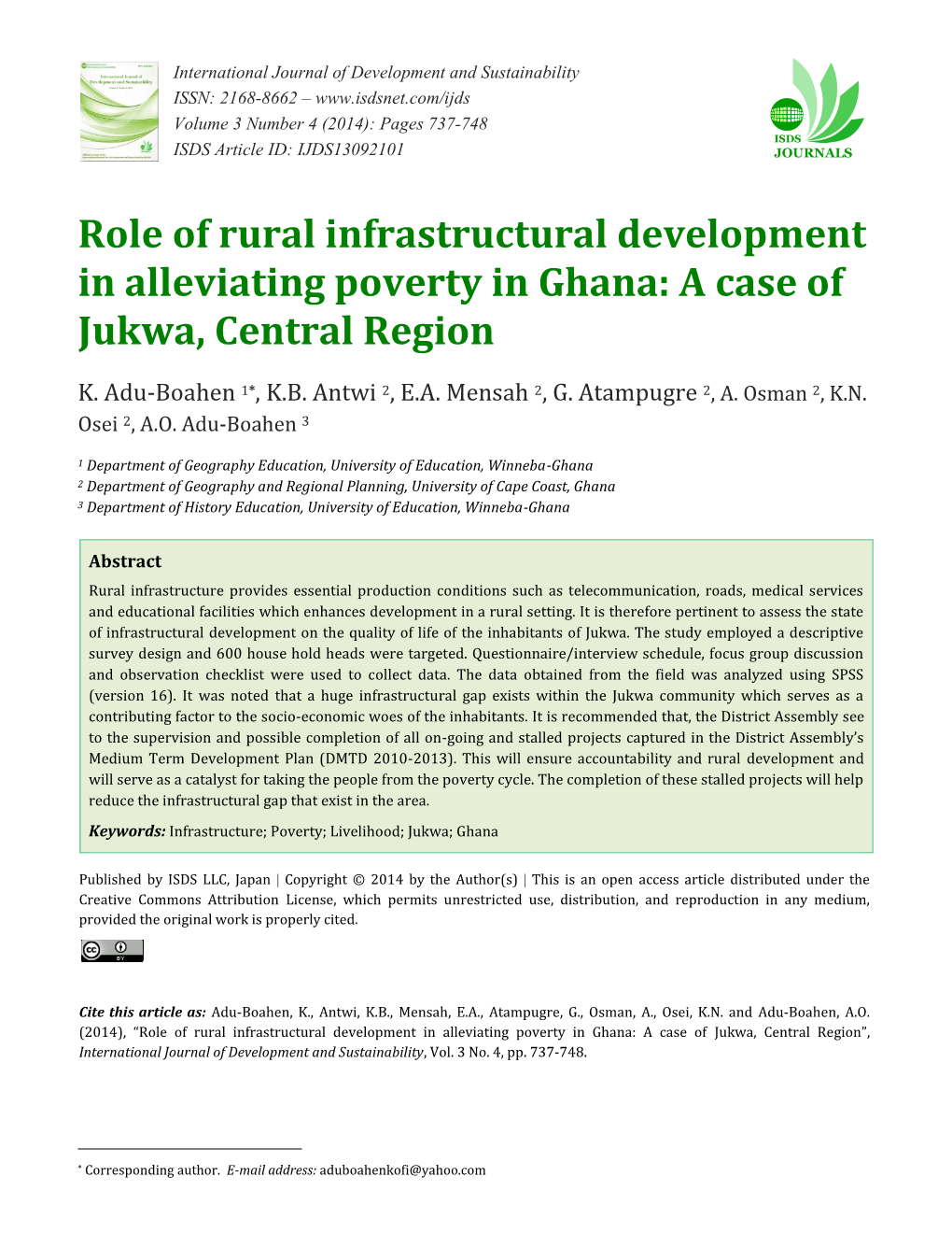 Role of Rural Infrastructural Development in Alleviating Poverty in Ghana: a Case of Jukwa, Central Region