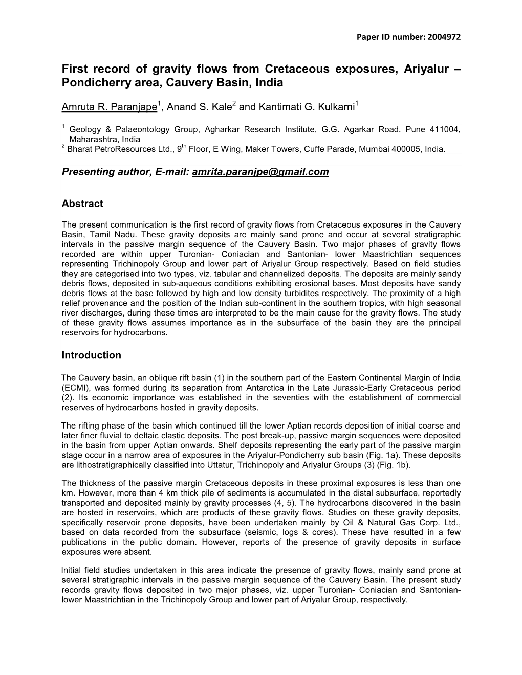 First Record of Gravity Flows from Cretaceous Exposures, Ariyalur – Pondicherry Area, Cauvery Basin, India