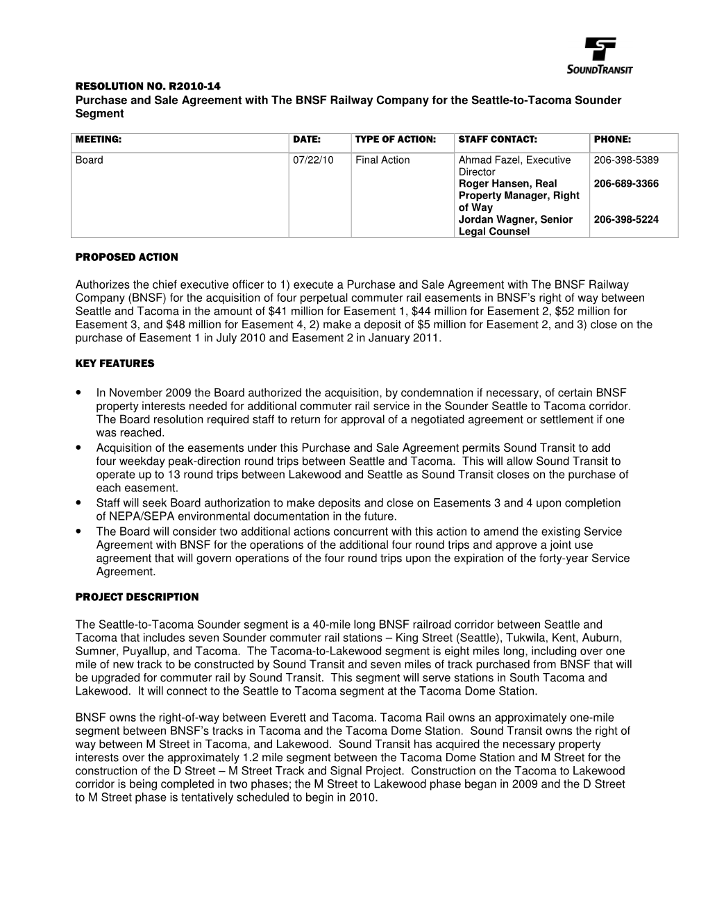 RESOLUTION NO. R2010-14 Purchase and Sale Agreement with the BNSF Railway Company for the Seattle-To-Tacoma Sounder Segment