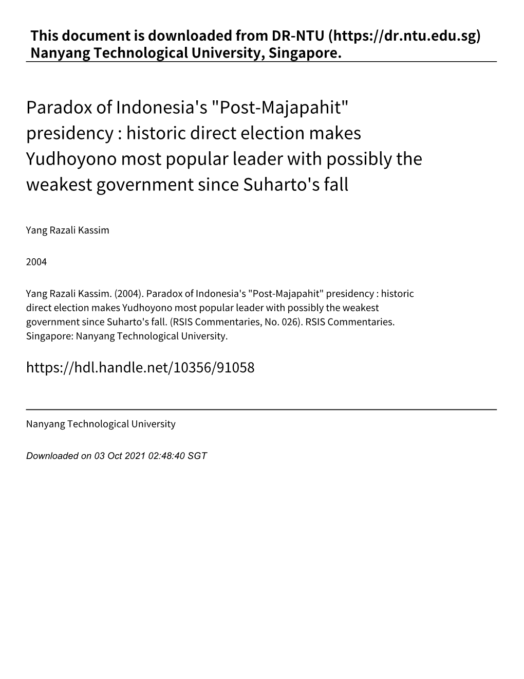 Paradox of Indonesia's "Post‑Majapahit" Presidency : Historic
