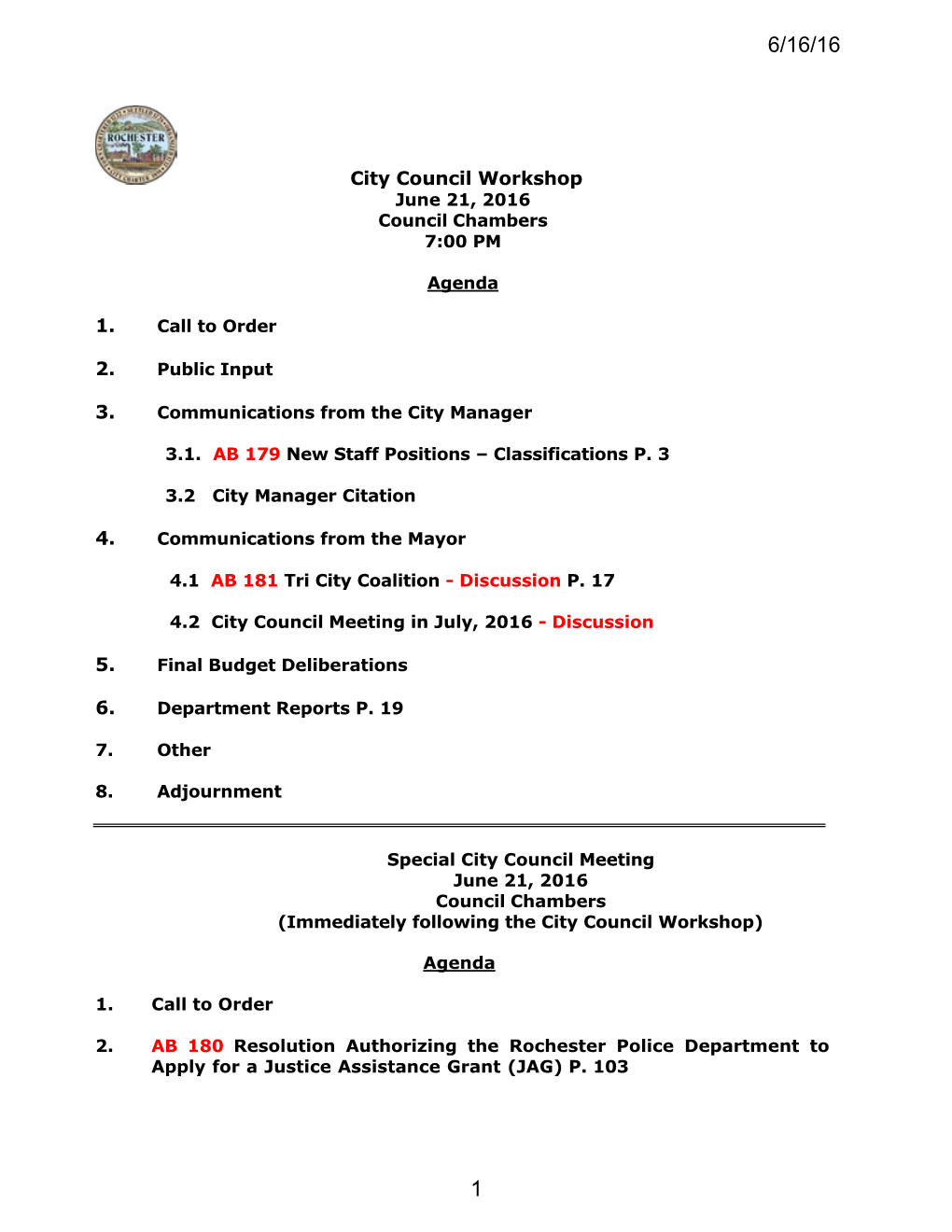 City Council Workshop and Special City Council Meeting