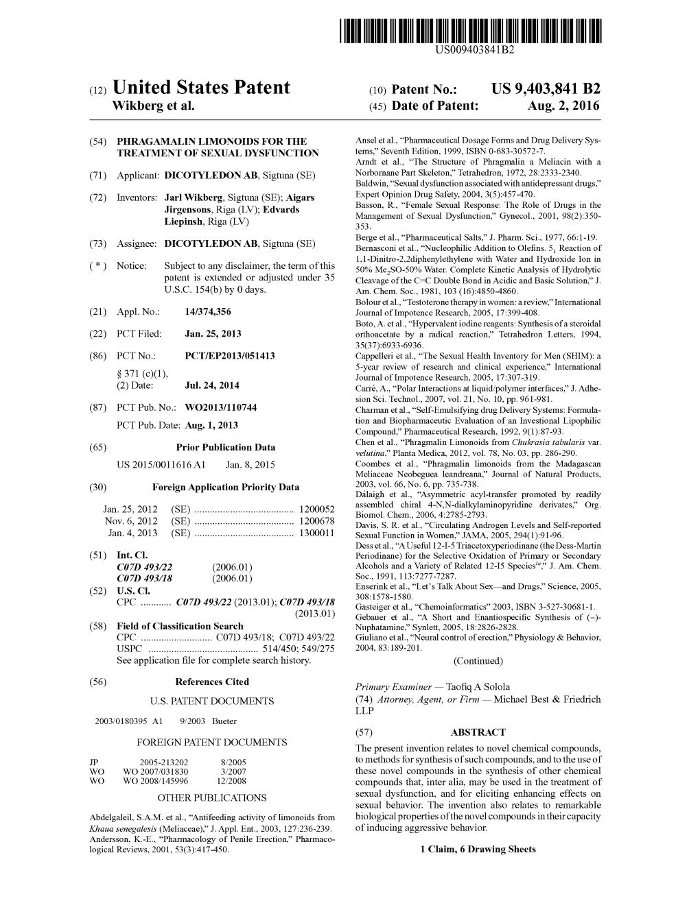 (12) United States Patent (10) Patent No.: US 9.403,841 B2 Wikberg Et Al