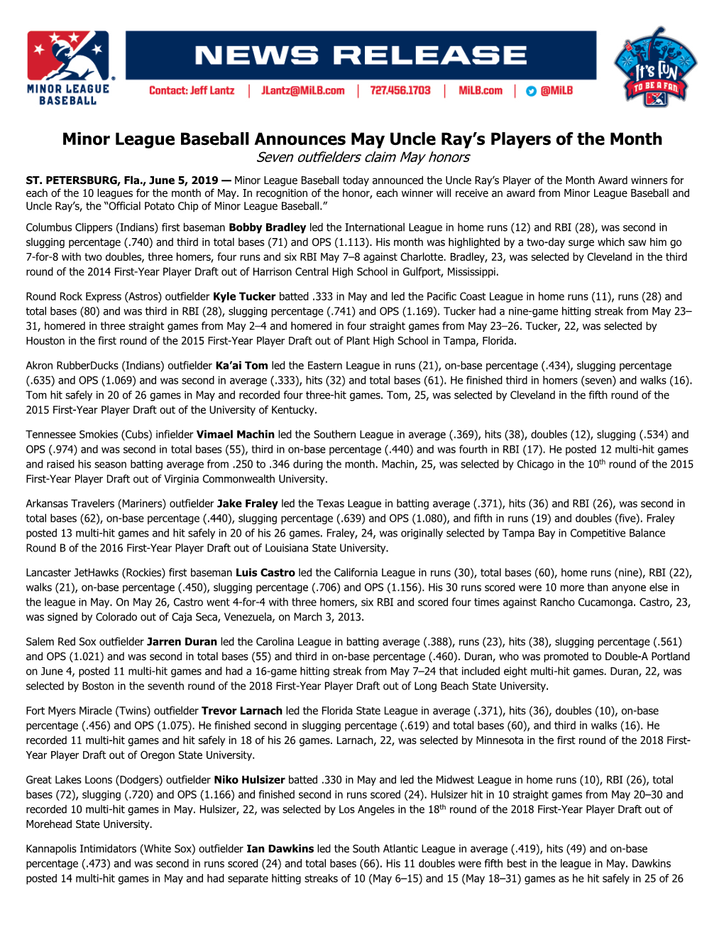 Minor League Baseball Announces May Uncle Ray's Players of the Month