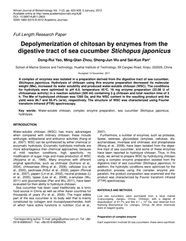 Depolymerization of Chitosan by Enzymes from the Digestive Tract of Sea Cucumber Stichopus Japonicus