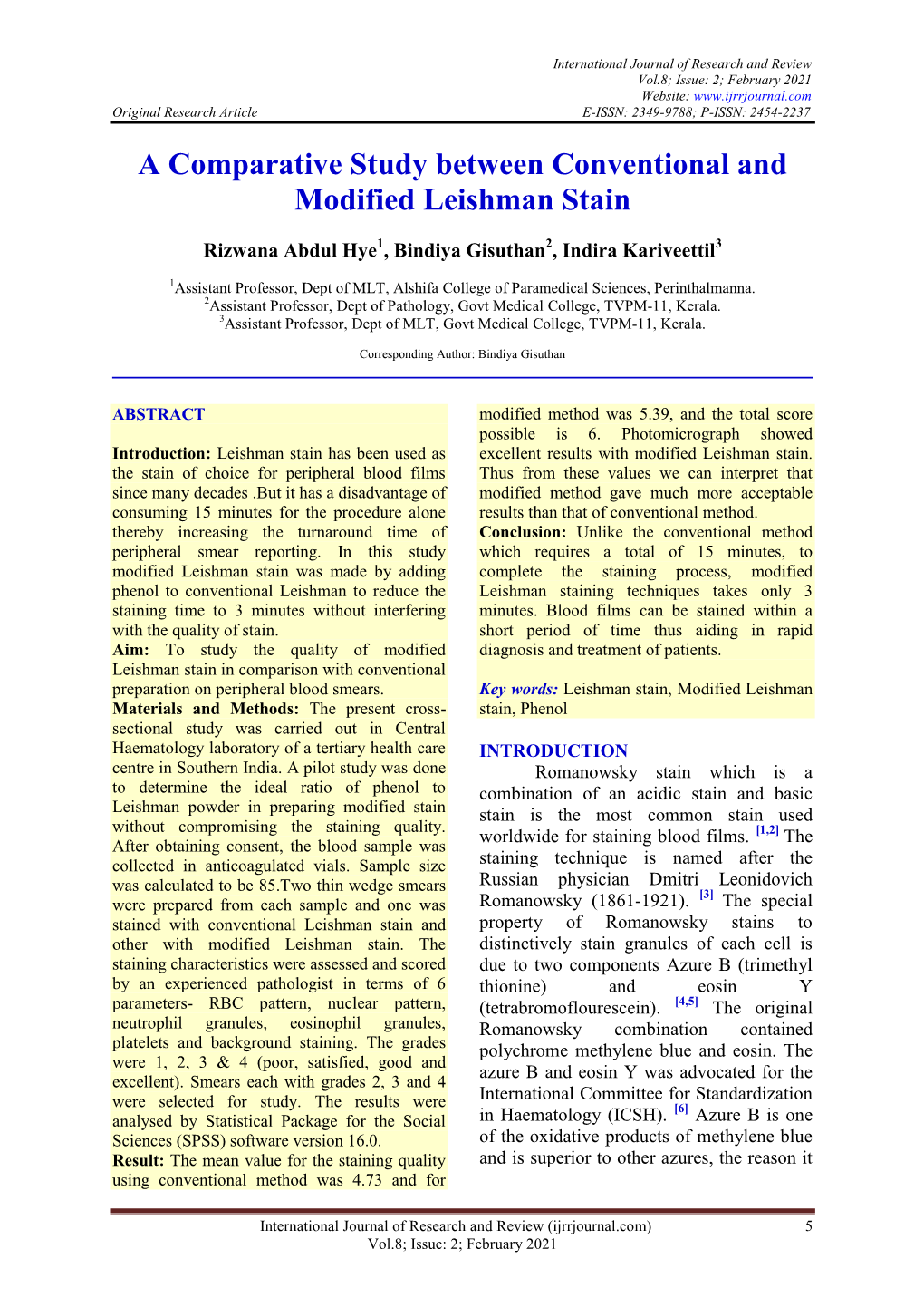 A Comparative Study Between Conventional and Modified Leishman Stain