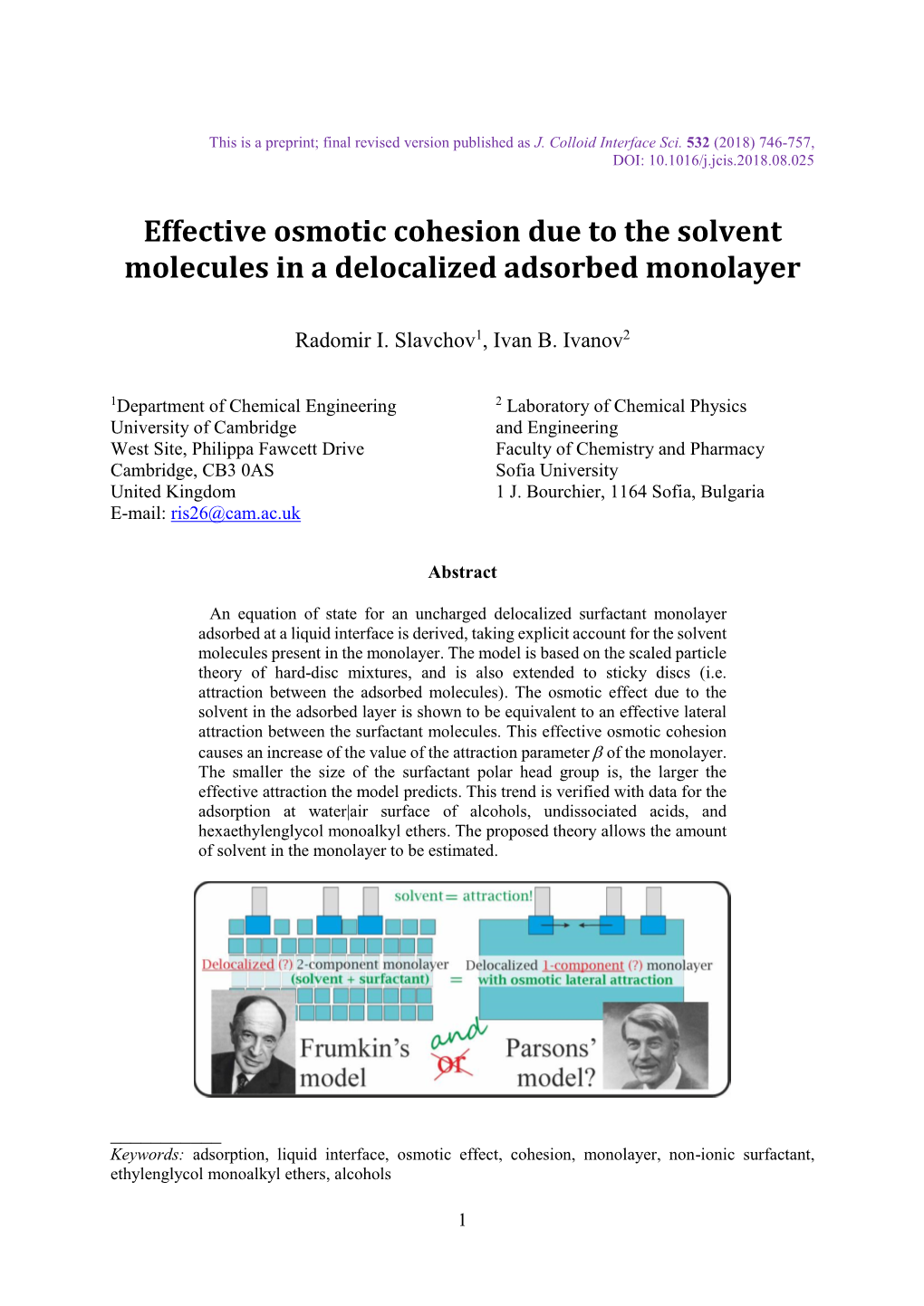 Effective Osmotic Cohesion Due to the Solvent Molecules in a Delocalized Adsorbed Monolayer