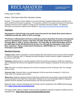 2020 Upper Snake River Operations Update Purpose