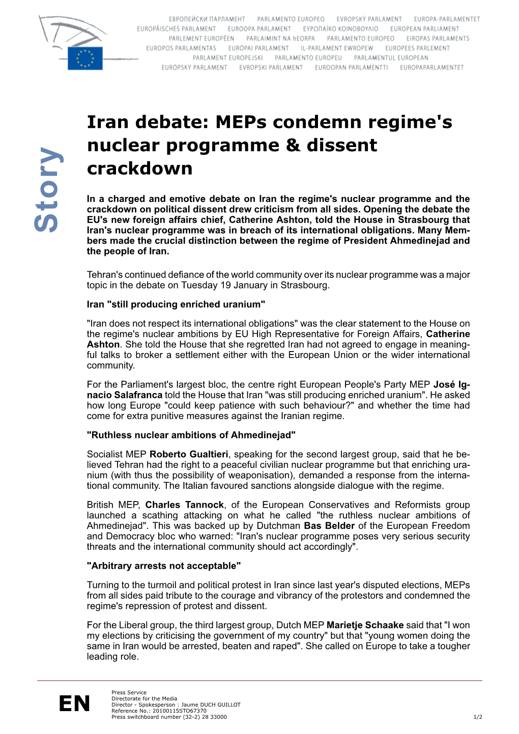 Meps Condemn Regime's Nuclear Programme & Dissent Crackdown