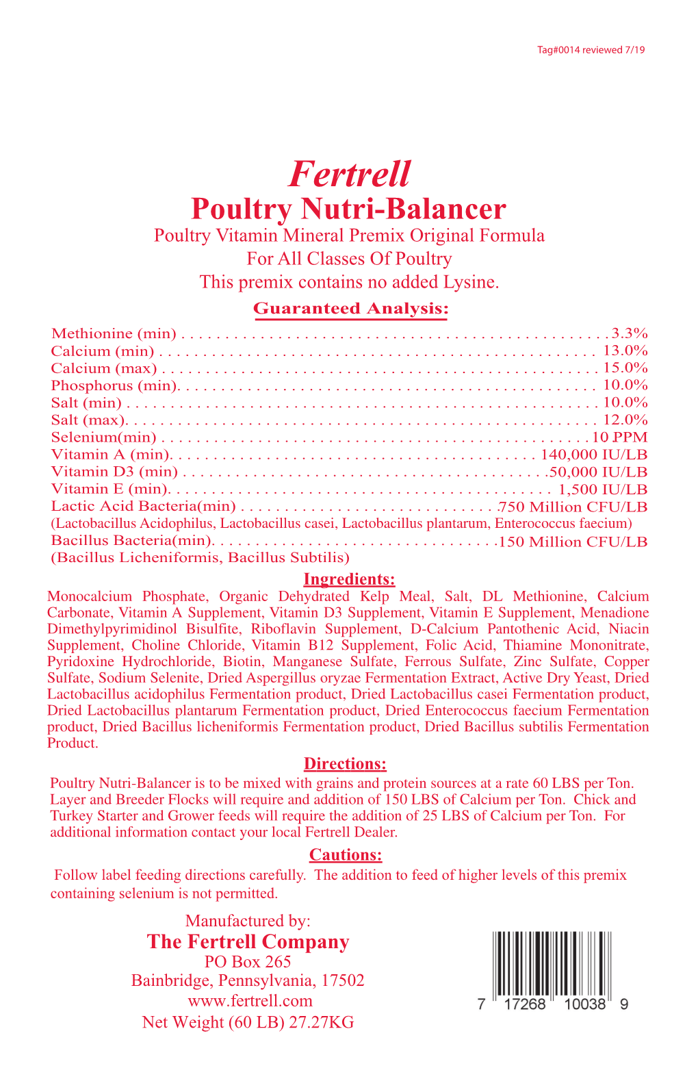 Fertrell Poultry Nutri-Balancer Poultry Vitamin Mineral Premix Original Formula for All Classes of Poultry This Premix Contains No Added Lysine