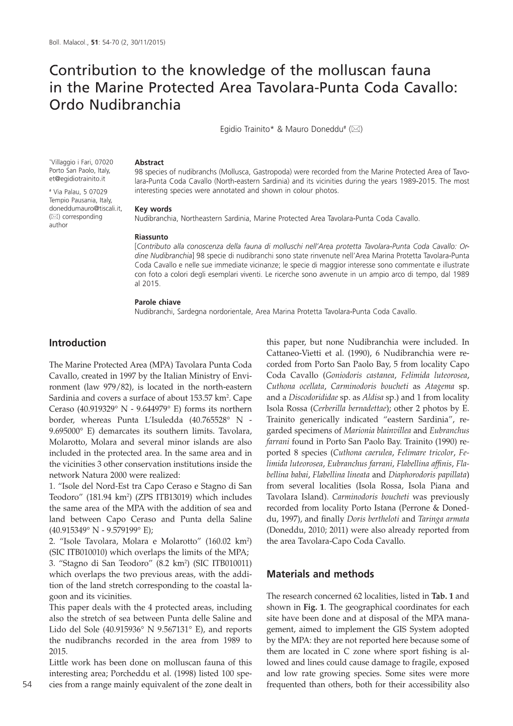 Contribution to the Knowledge of the Molluscan Fauna in the Marine Protected Area Tavolara-Punta Coda Cavallo: Ordo Nudibranchia